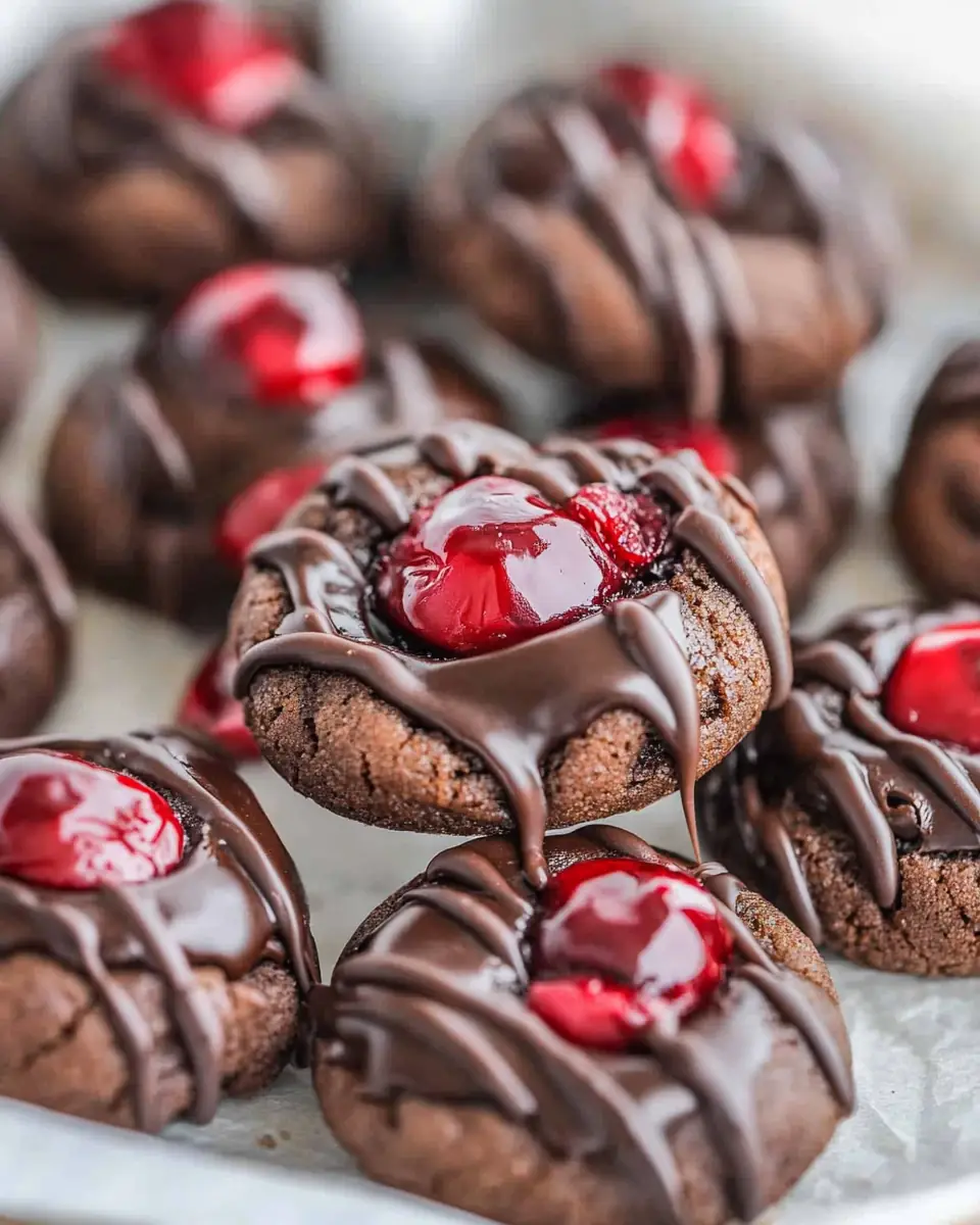A delicious plate of Chocolate Cherry Thumbprint Cookies