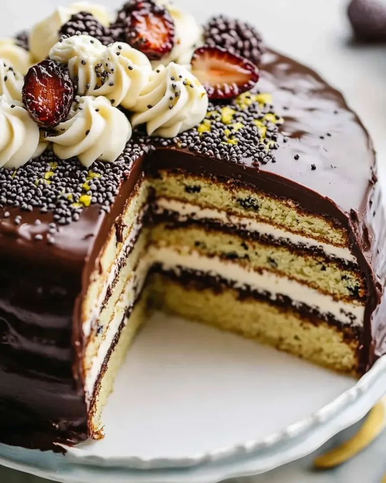A delicious plate of Poppy Seed Cake with Chocolate Ganache