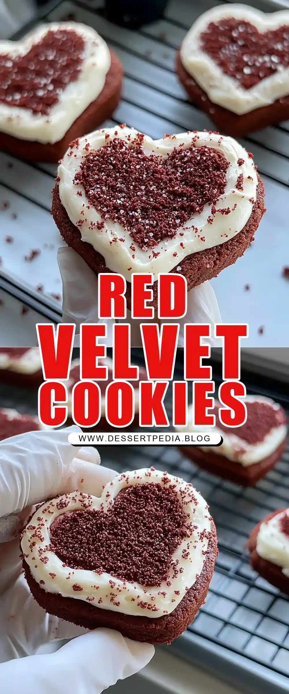 Pinterest pin (Design 1) for Heart Shaped Red Velvet Frosted Cookies