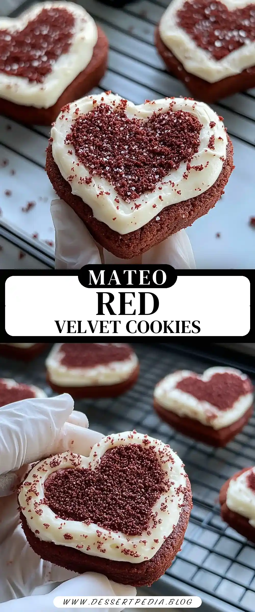 Pinterest pin (Design 3) for Heart Shaped Red Velvet Frosted Cookies