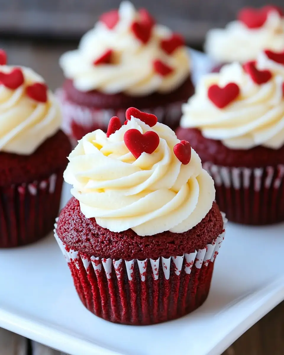 A delicious plate of Red Velvet Cupcakes with White Chocolate Mousse