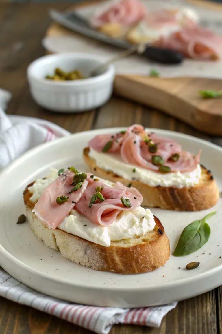 A delicious plate of Whipped Ricotta Crostini with Mortadella