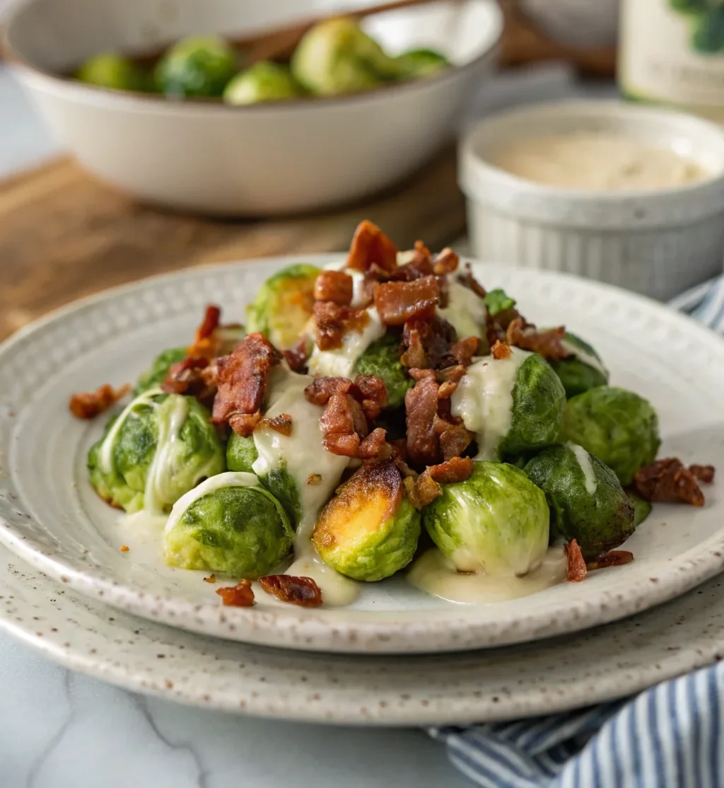 A delicious plate of Brussels Sprouts with Bacon Dressing