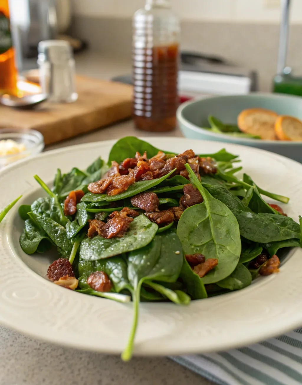 A delicious plate of Spinach Salad with Hot Bacon Dressing