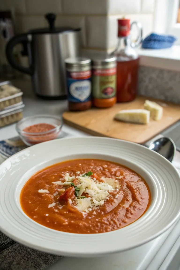 A delicious plate of Creamy Roasted Garlic Tomato Soup