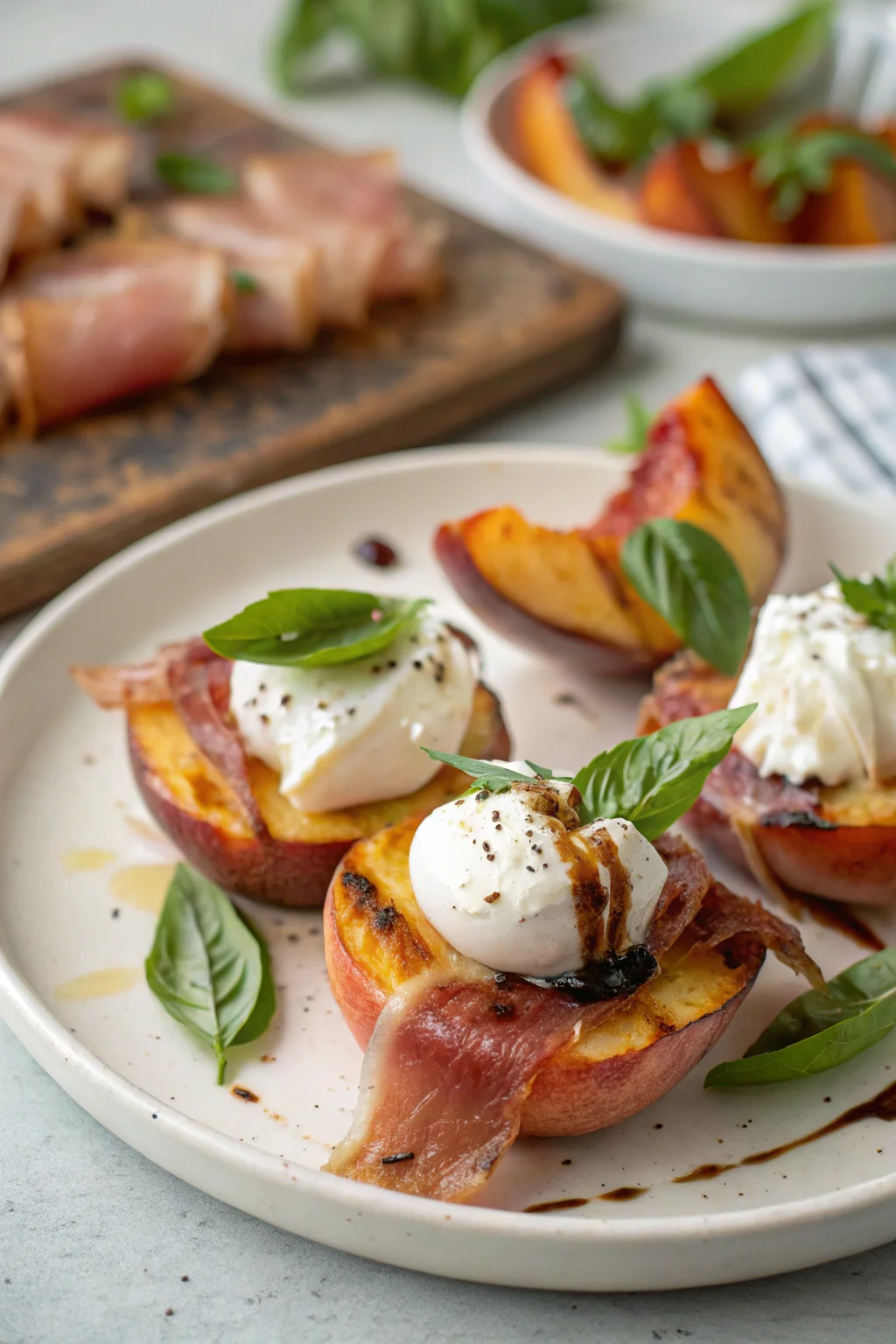 Grilled Prosciutto-Wrapped Peaches with Burrata and Basil