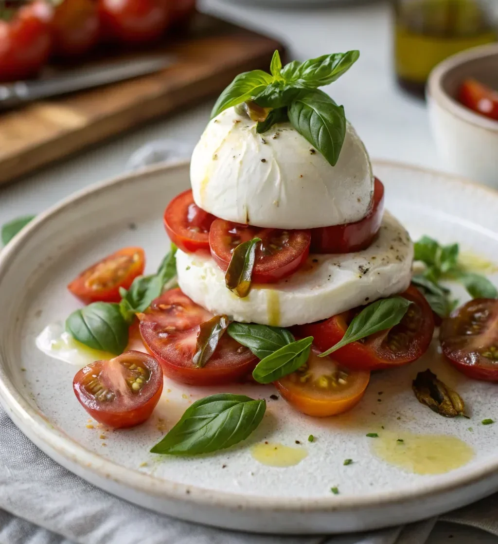 A delicious plate of Stacked Tomato and Burrata Salad