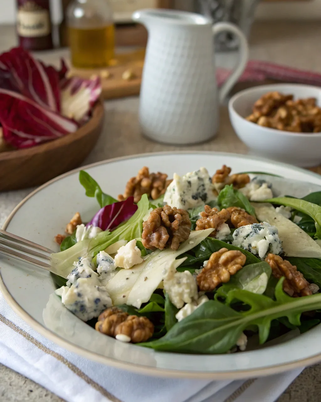 A delicious plate of Blue Cheese, Walnut, and Chicory Salad