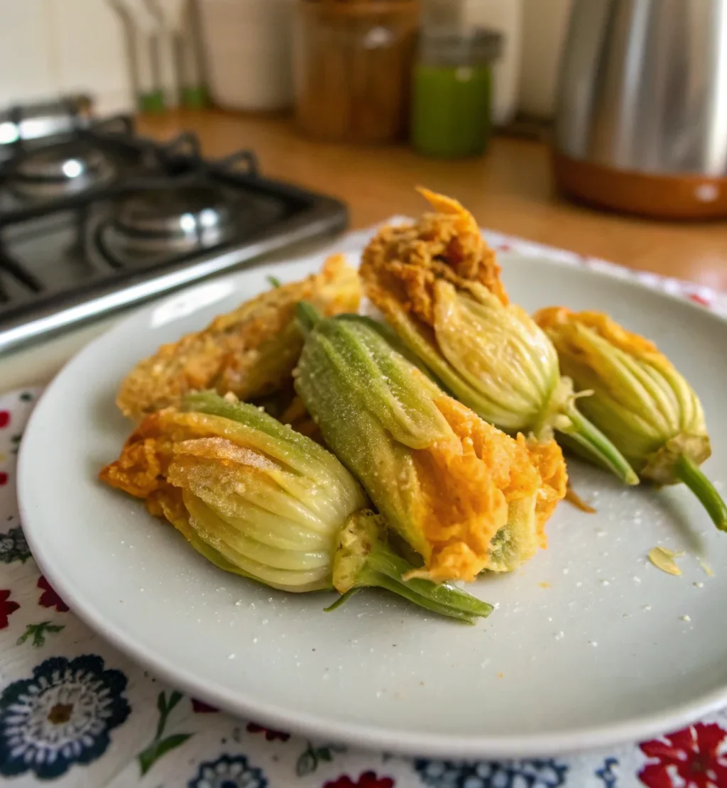 A delicious plate of Fried Stuffed Squash Blossoms