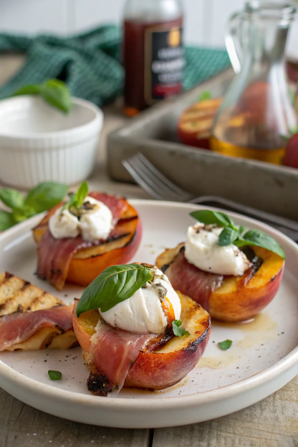 Grilled Prosciutto-Wrapped Peaches with Burrata and Basil