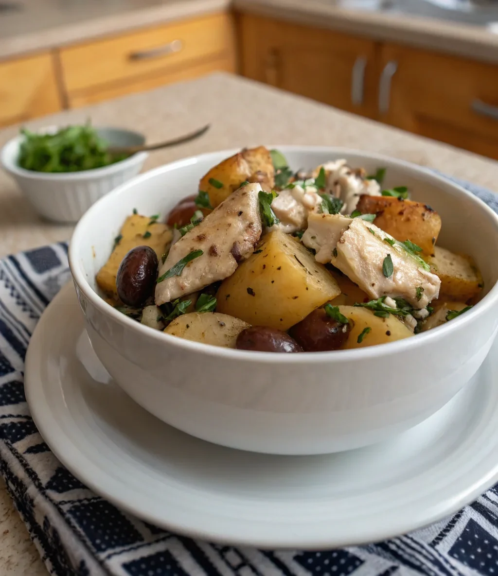 A delicious plate of Greek Chicken and Potato Bowl