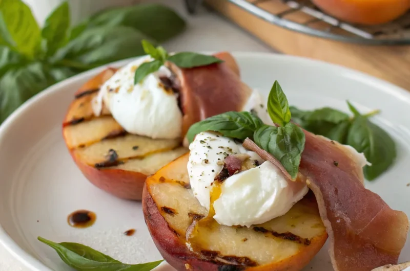 Grilled Prosciutto-Wrapped Peaches with Burrata and Basil