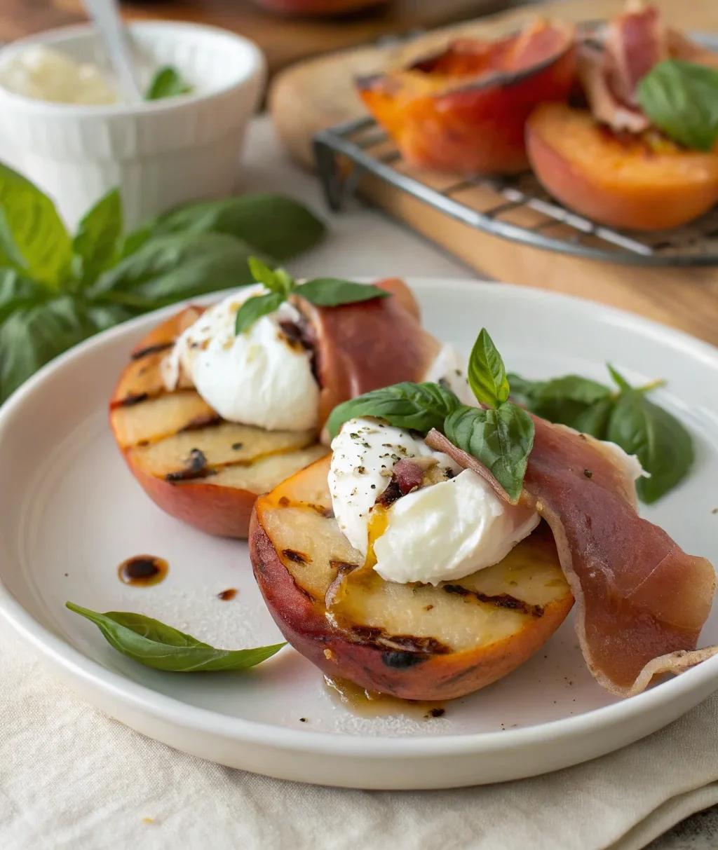 A delicious plate of Grilled Prosciutto-Wrapped Peaches with Burrata and Basil