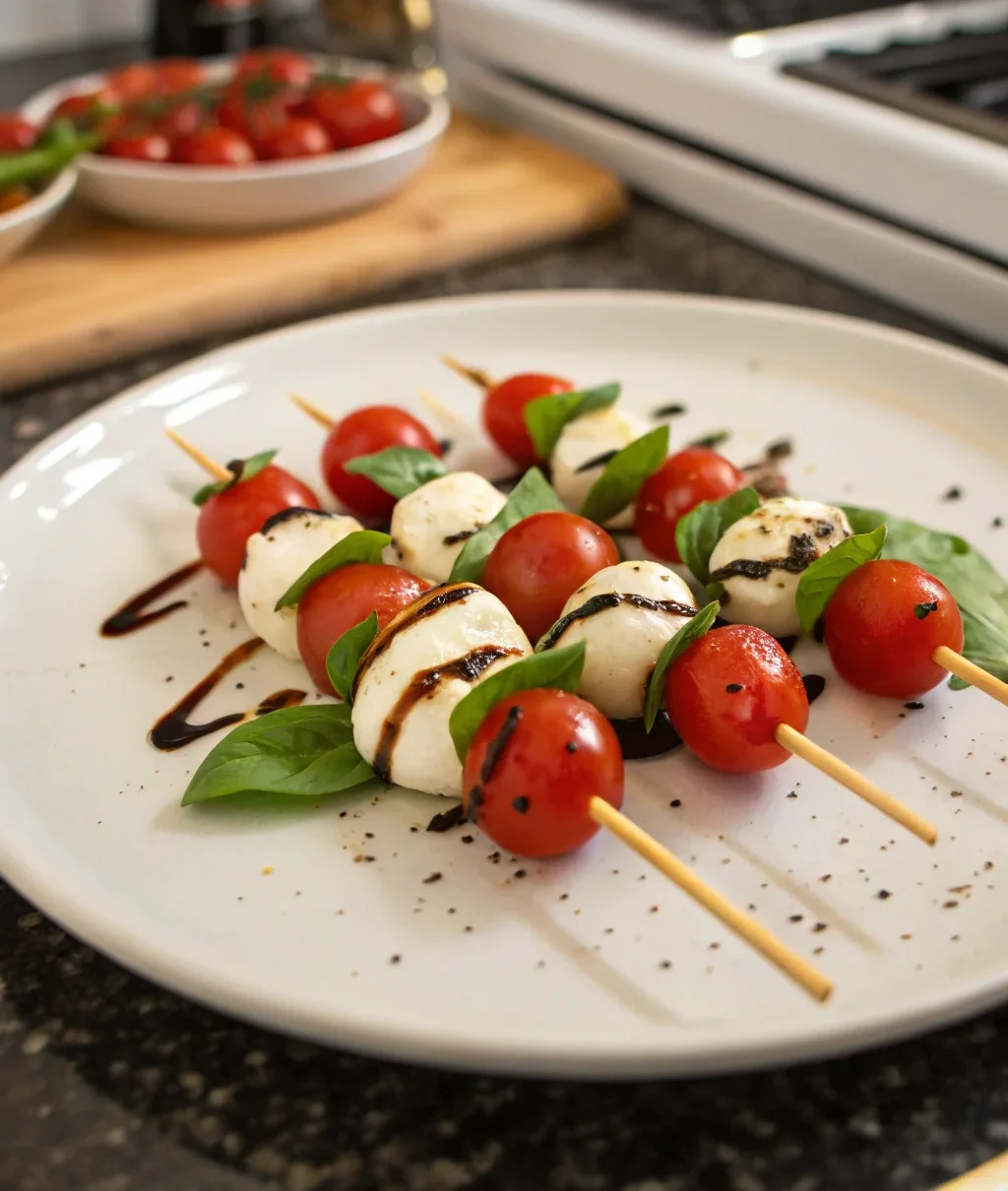 A delicious plate of Caprese on a Stick