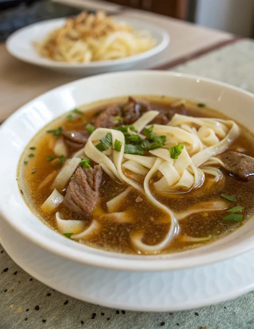 A delicious plate of Chinese Hand-Pulled Noodles in Beef Broth