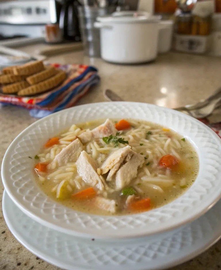 A delicious plate of Easy Chicken, Rice, and Noodle soup