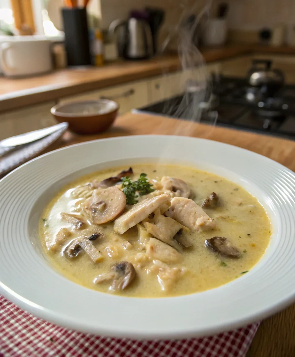 A delicious plate of Creamy Chicken and Mushroom Soup