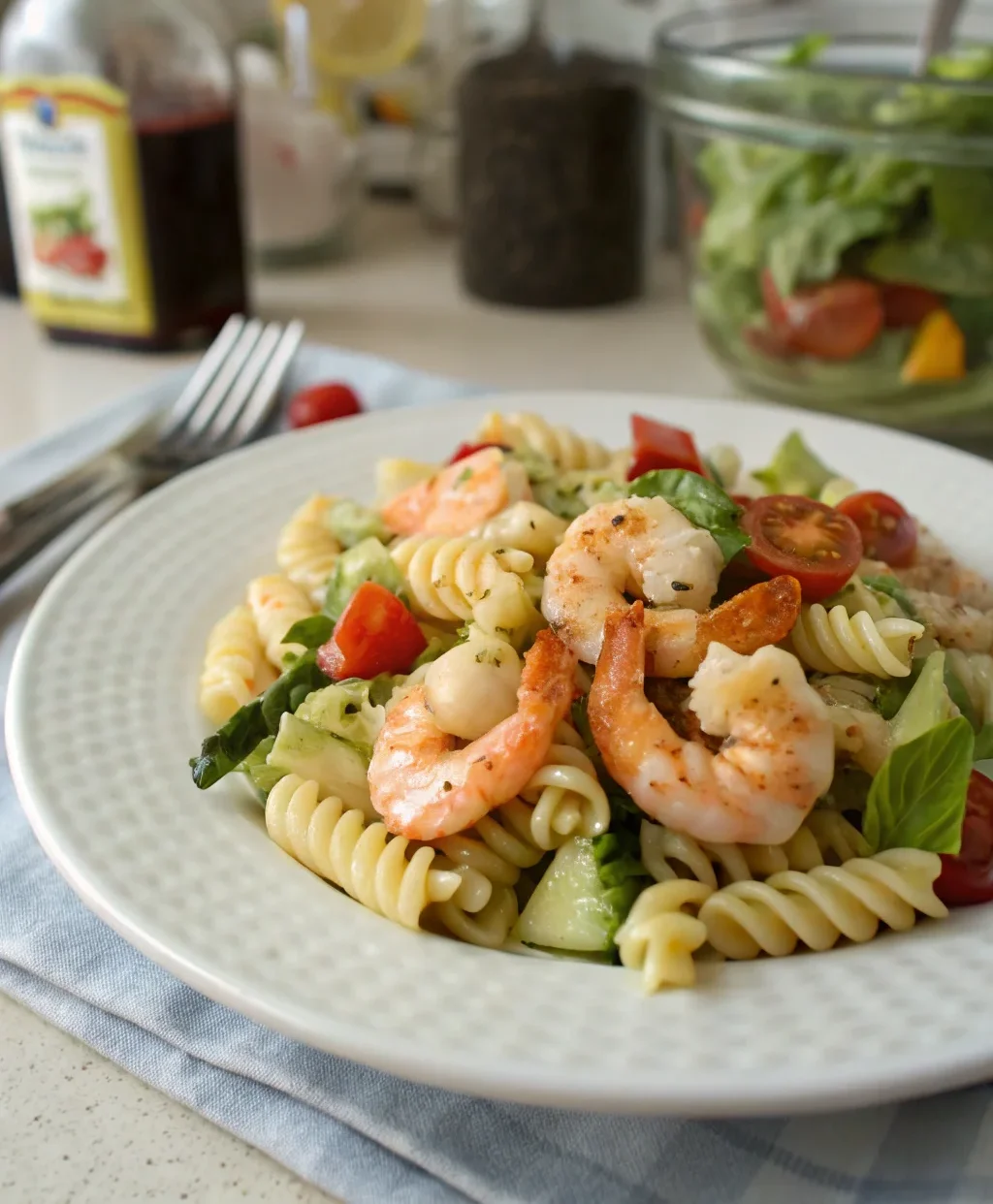 A delicious plate of Shrimp Pasta Salad