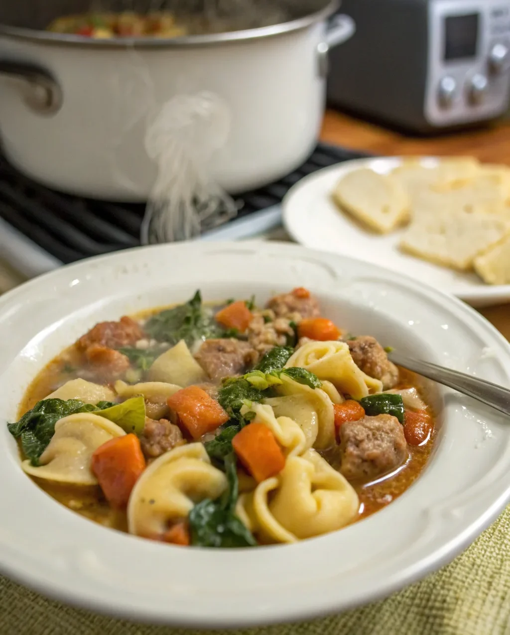 A delicious plate of Slow Cooker Sausage Tortellini Soup