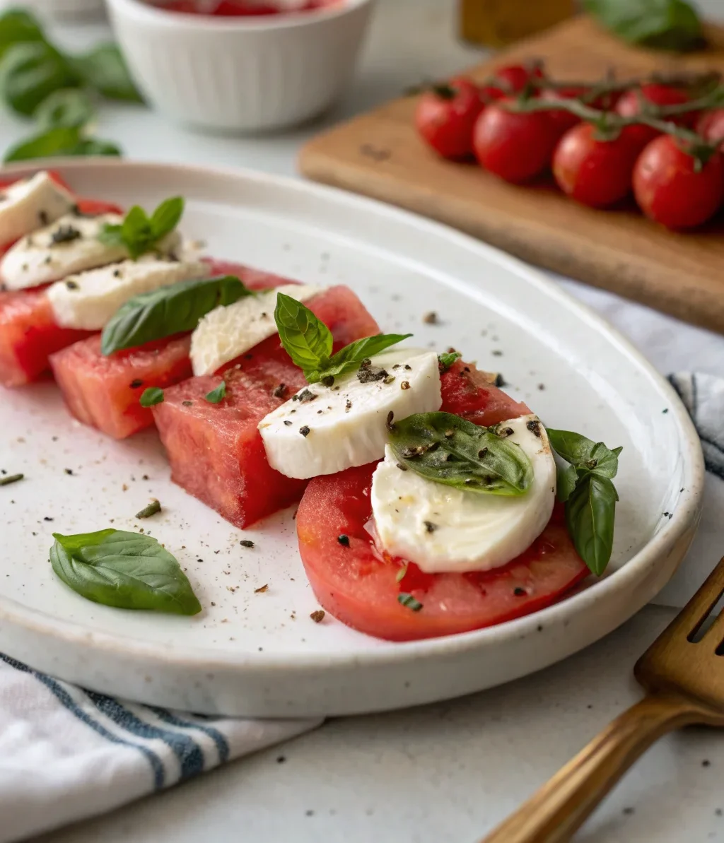 A delicious plate of Watermelon Caprese Appetizer
