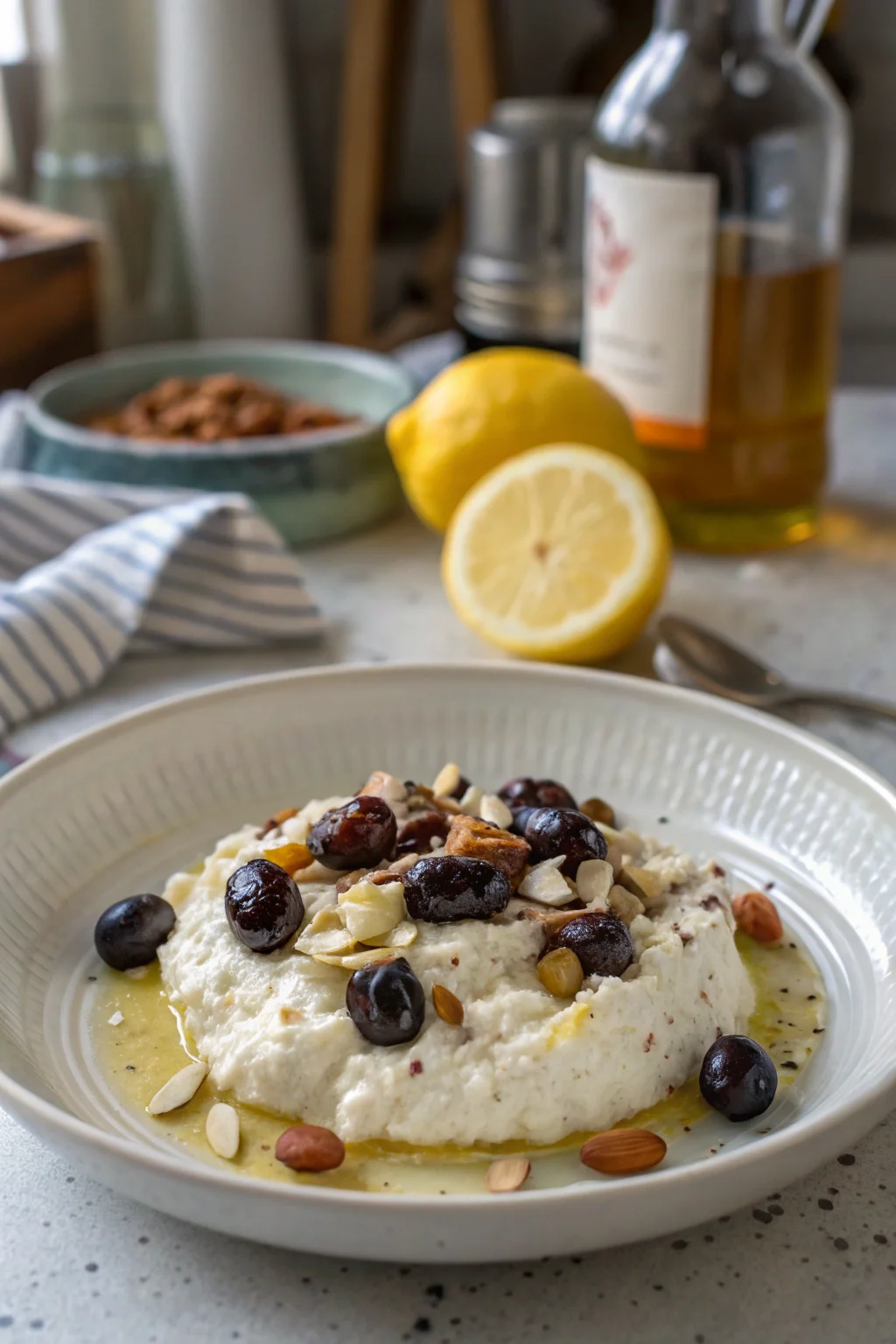 Ricotta With Crushed Olives, Almonds & Lemon