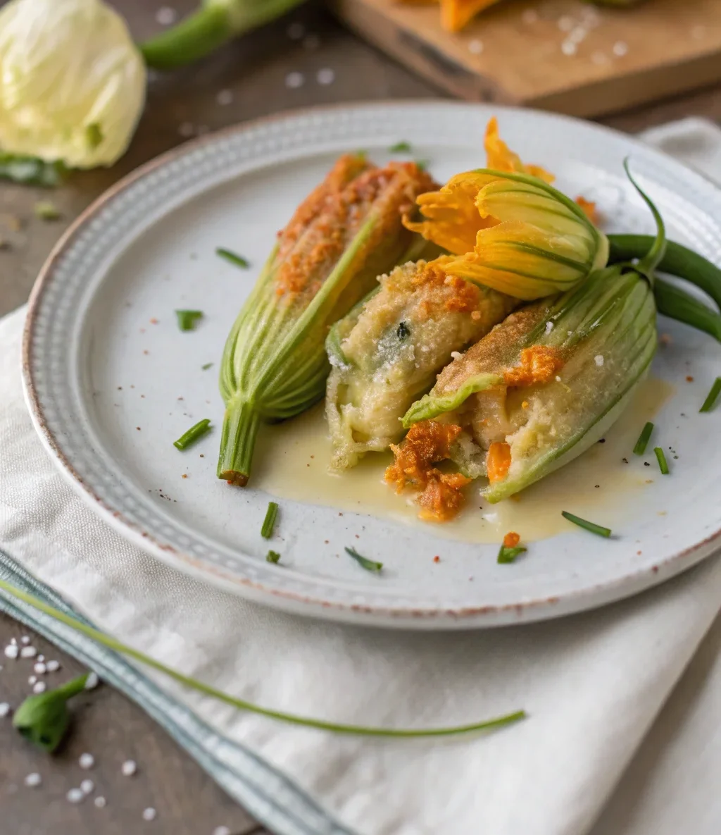 A delicious plate of Gluten-Free Stuffed Zucchini Blossoms (Fior di Zucca Ripieni)