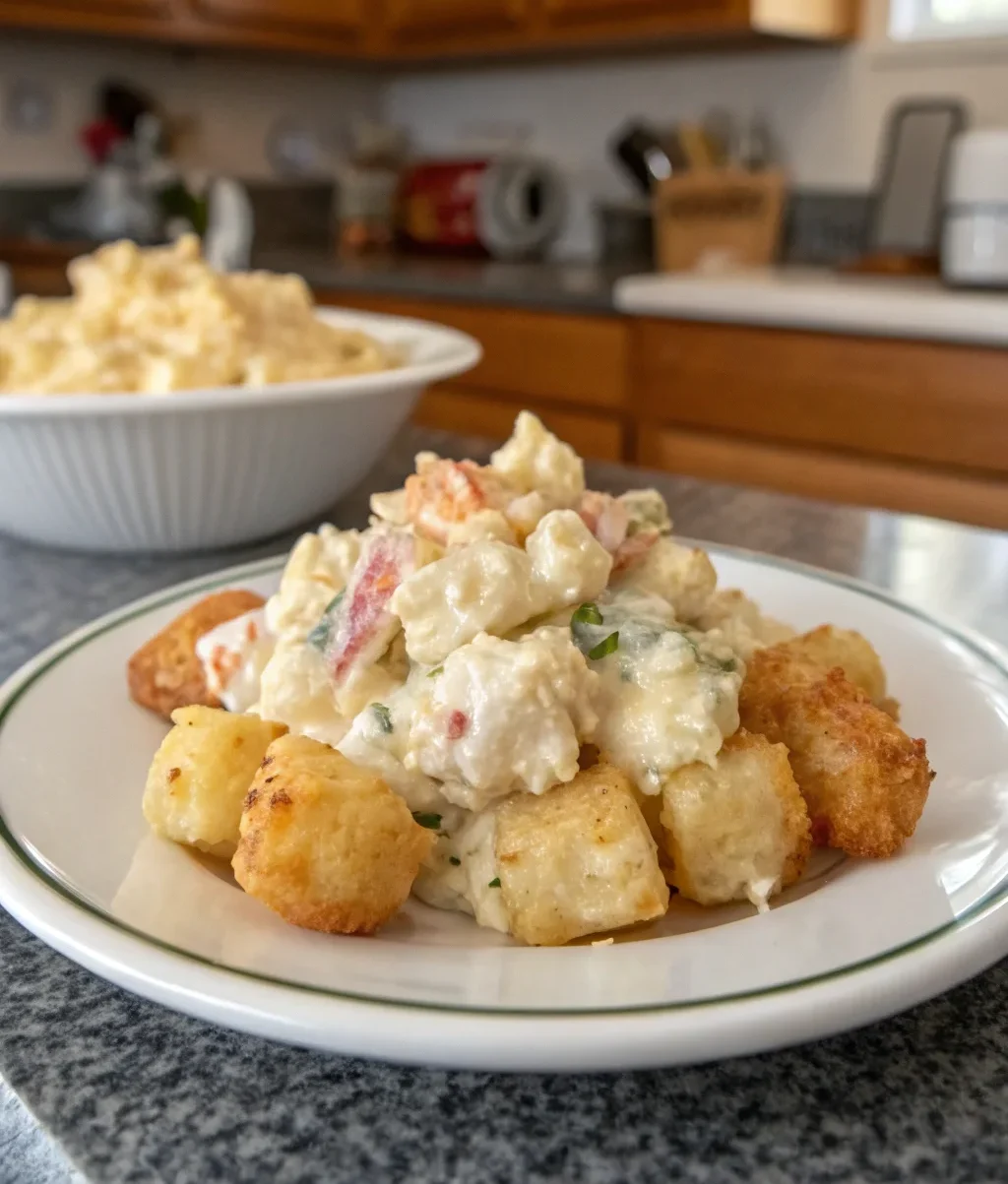 A delicious plate of German Tater Tot Potato Salad