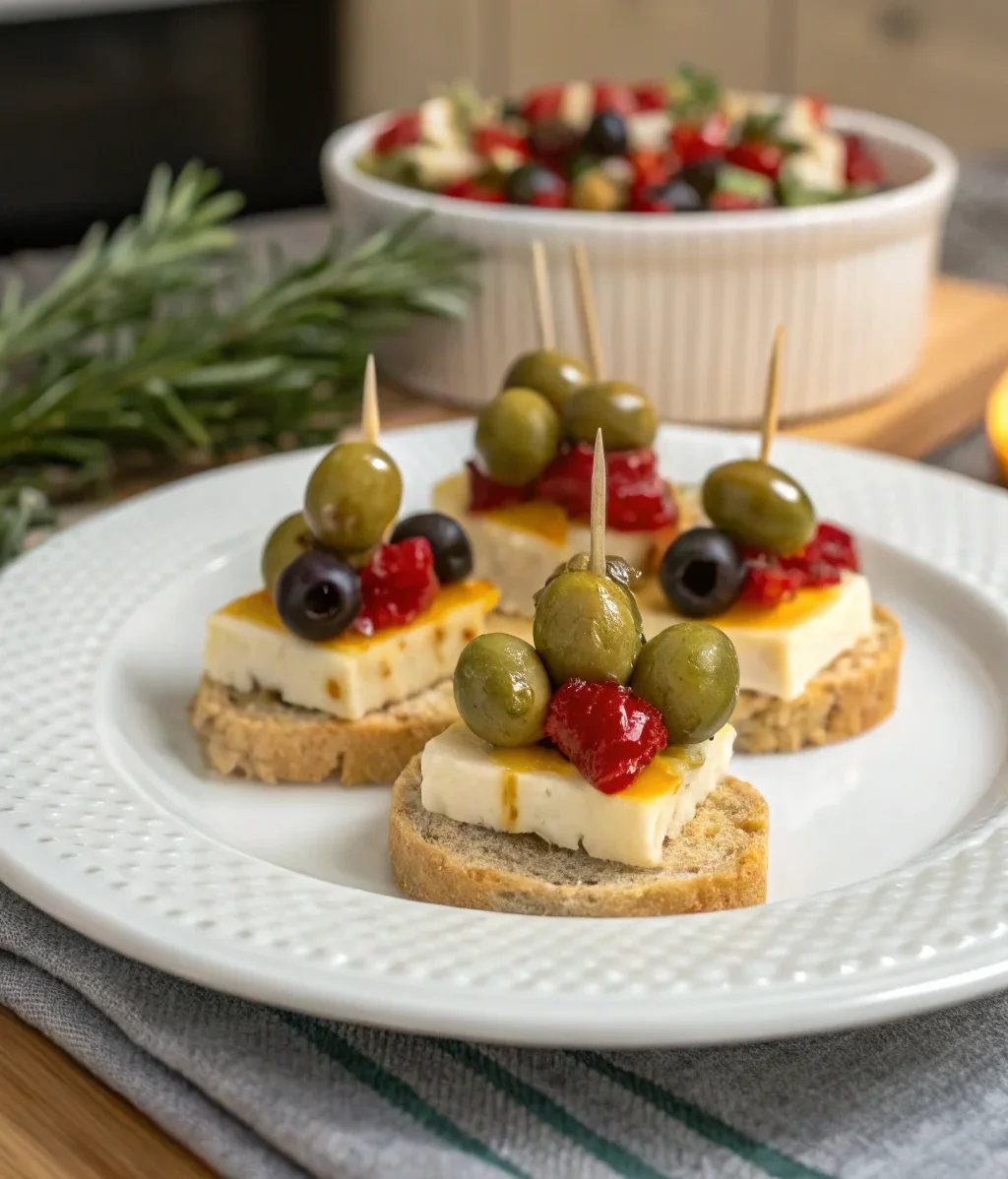 A delicious plate of Festive Olive and Cheese Appetizer