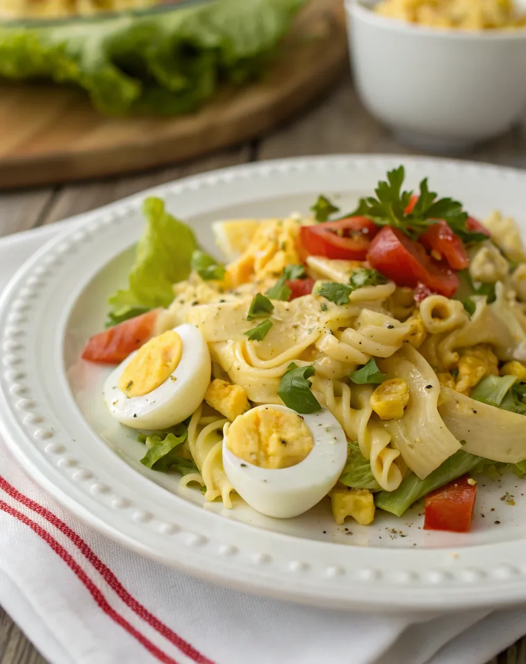 A delicious plate of Deviled Egg Noodle Salad