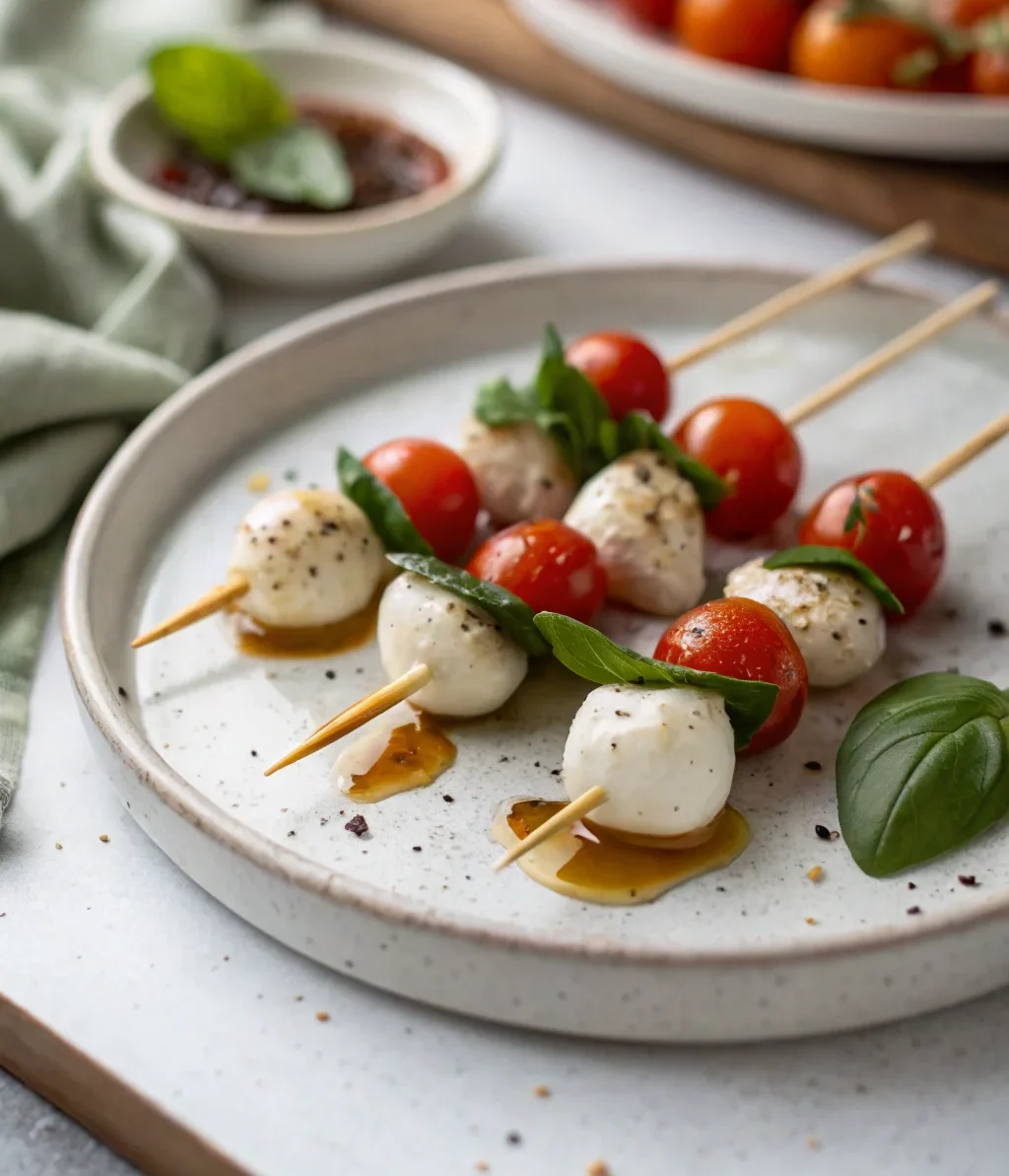 A delicious plate of Best Caprese Skewers