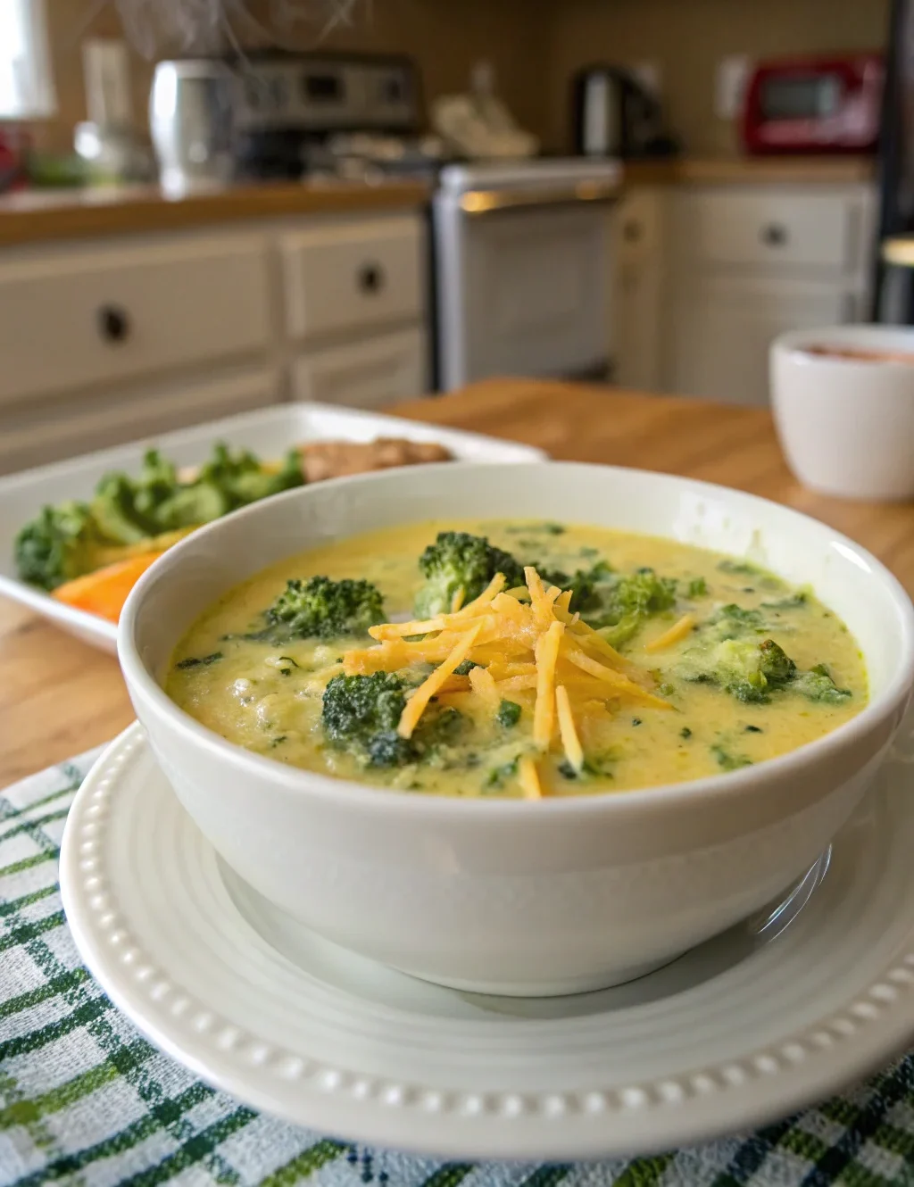 A delicious plate of High Protein Broccoli Cheddar Soup