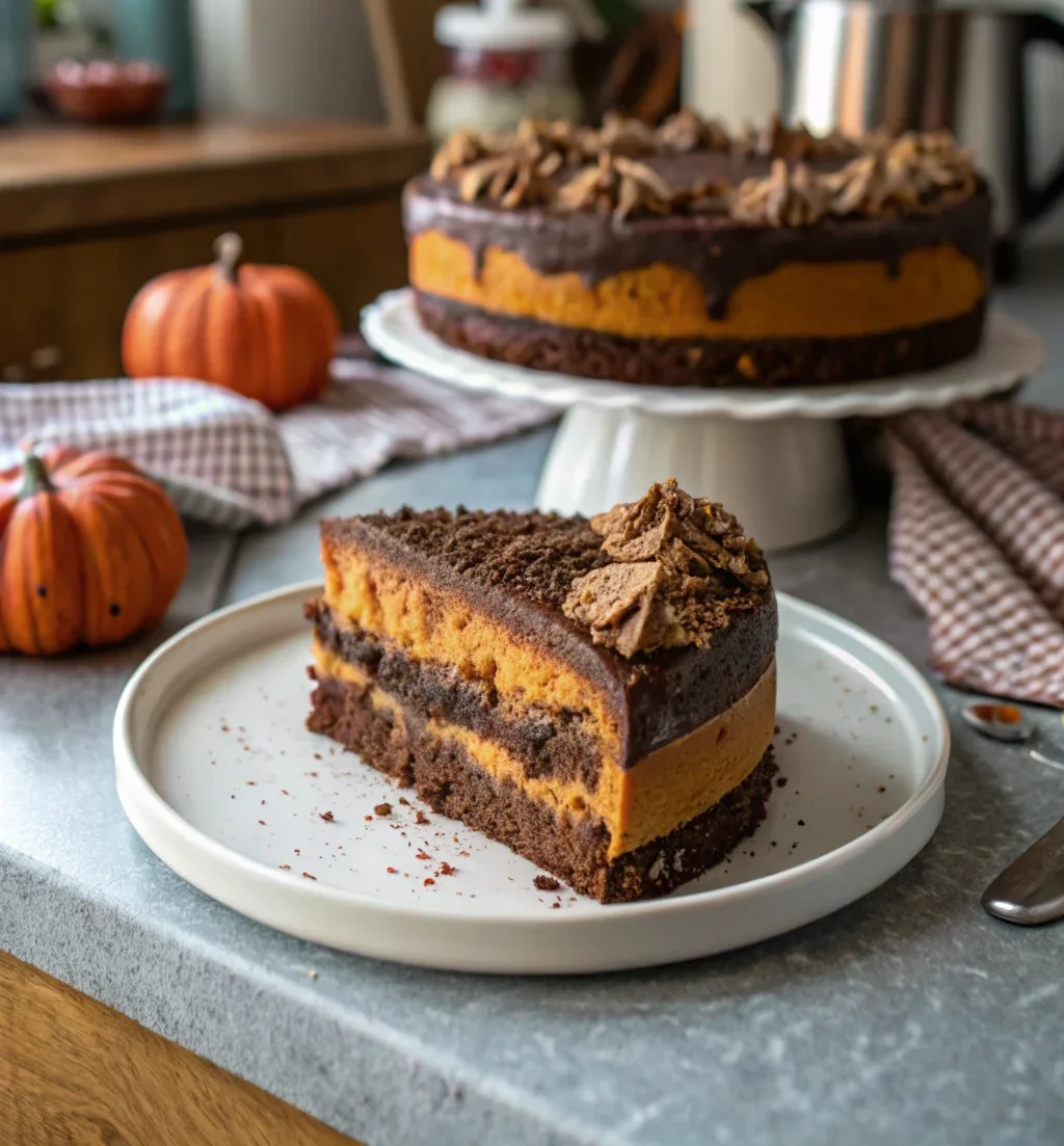 A delicious plate of Pumpkin Chocolate Dessert Cake