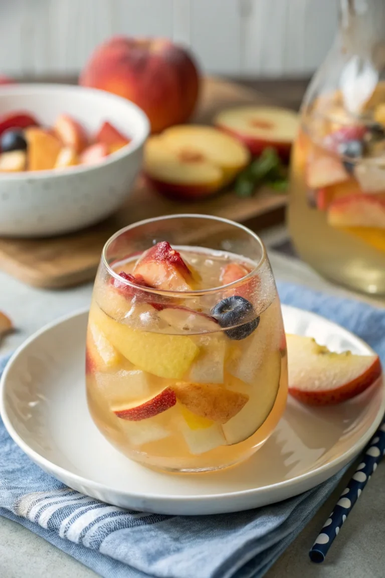 A delicious plate of White Peach Sangria | A Gorgeous, Light, & Refreshing Summer Cocktail!