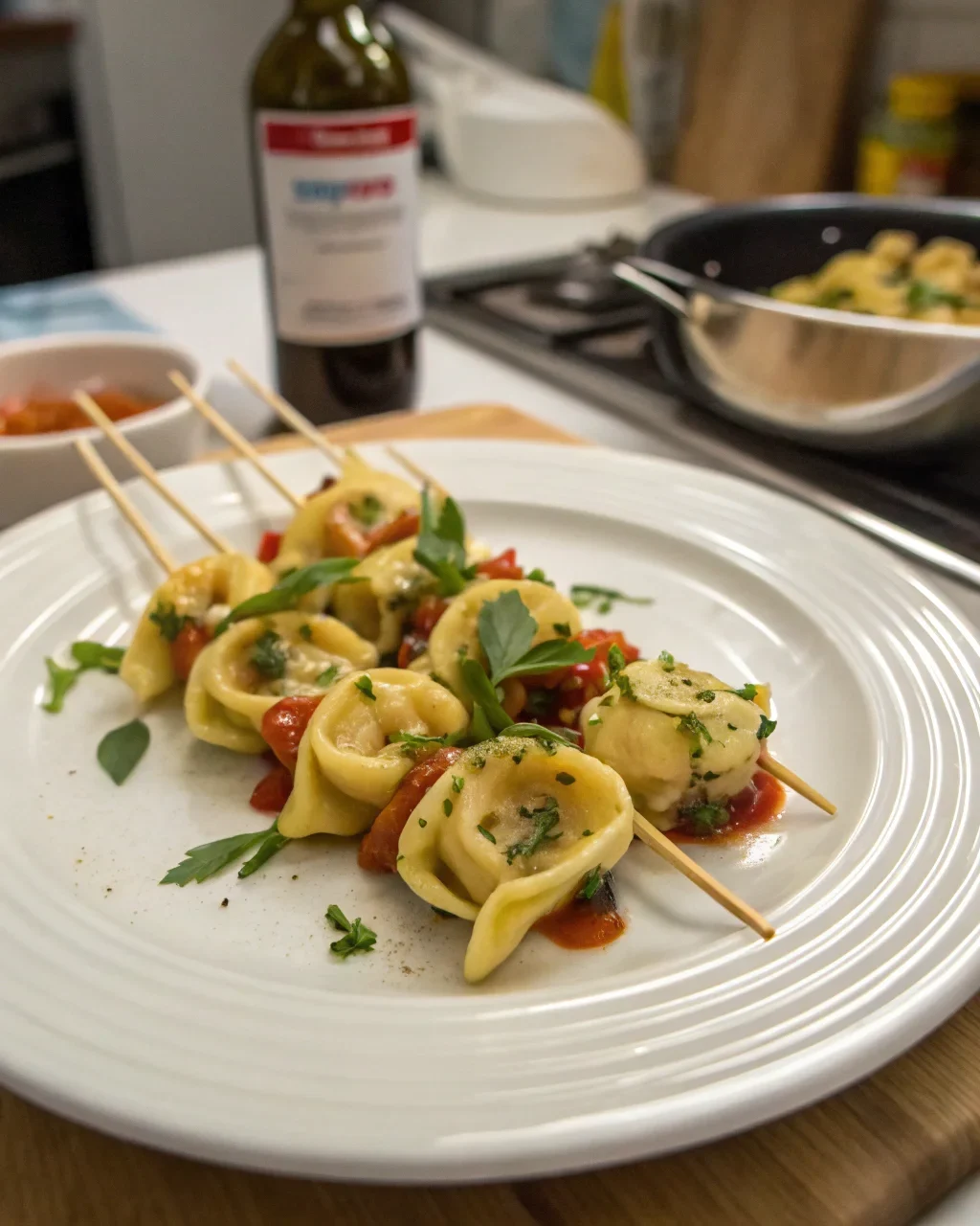 A delicious plate of Tortellini Skewers