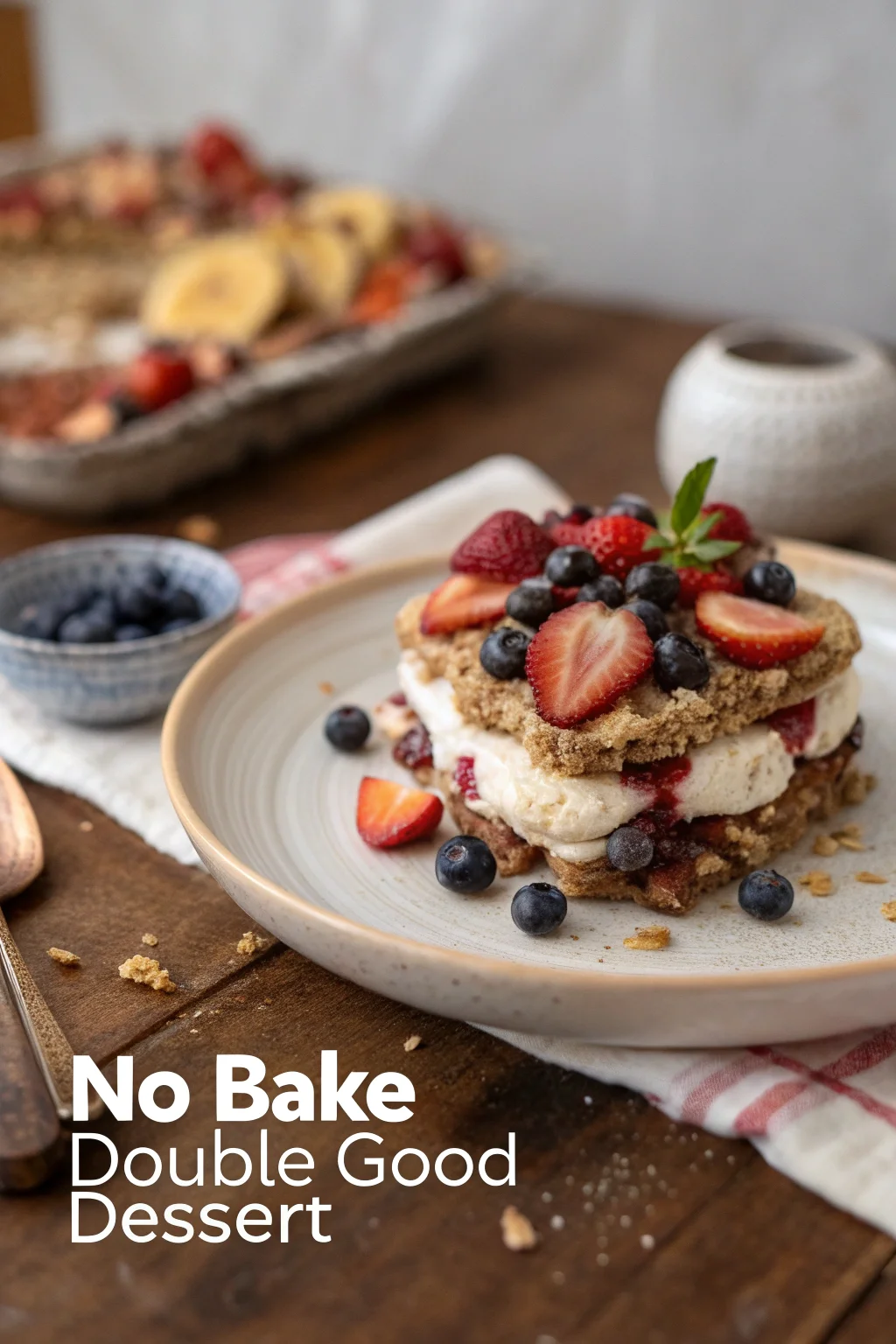 A delicious plate of No Bake Double Good Dessert