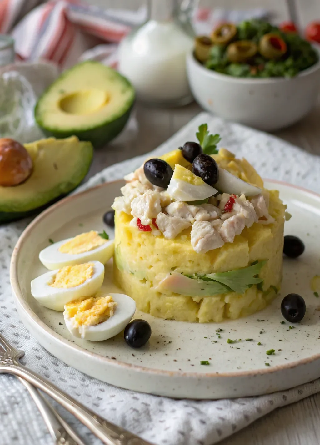 A delicious plate of Peruvian Potato-Chicken Salad (Causa Rellena)