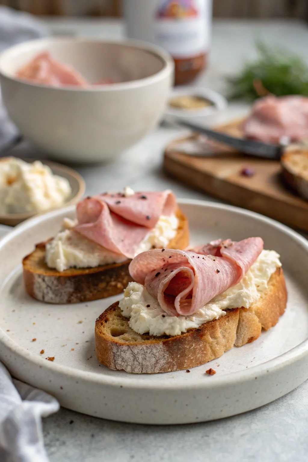 Whipped Ricotta Crostini with Mortadella