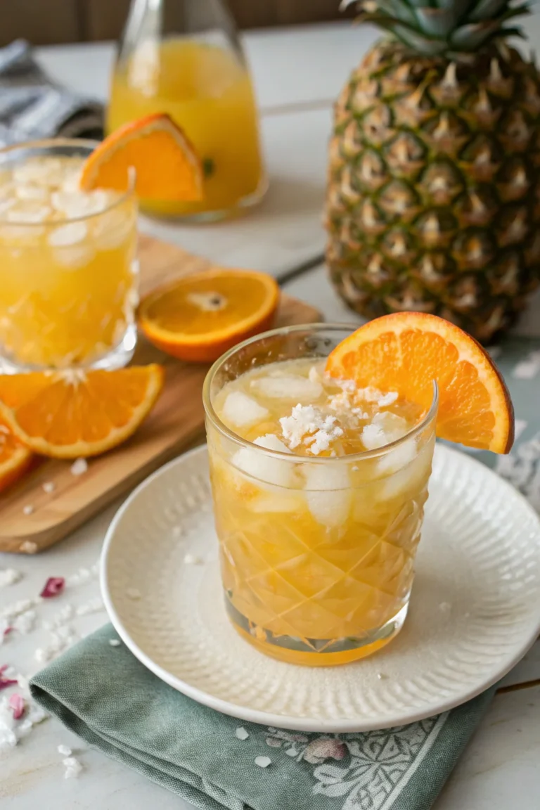 A delicious plate of Orange Pineapple & Coconut Mocktail