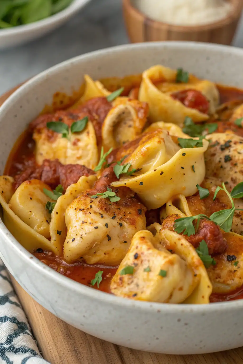 A delicious plate of Air Fryer Chicken Tortellini