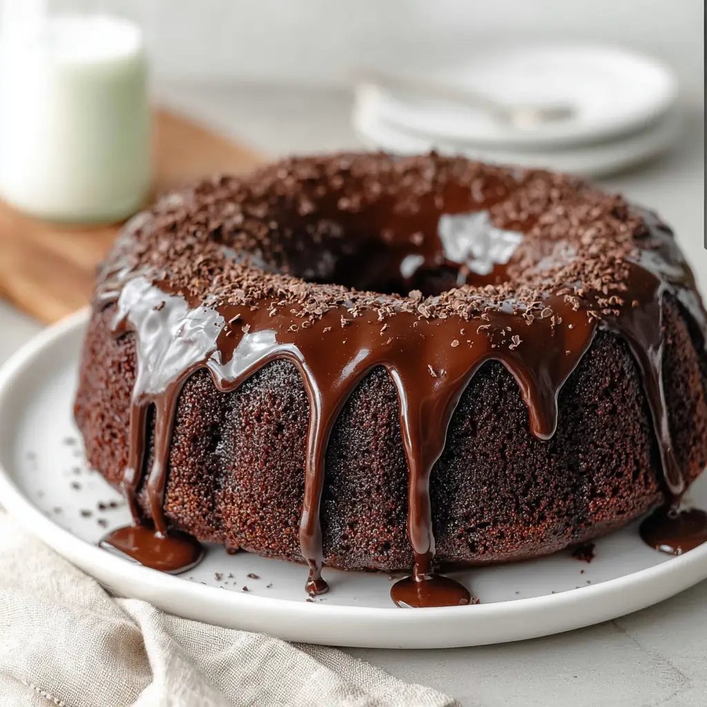 A delicious plate of Blackout Chocolate Bundt Cake with Chocolate Ganache Glaze