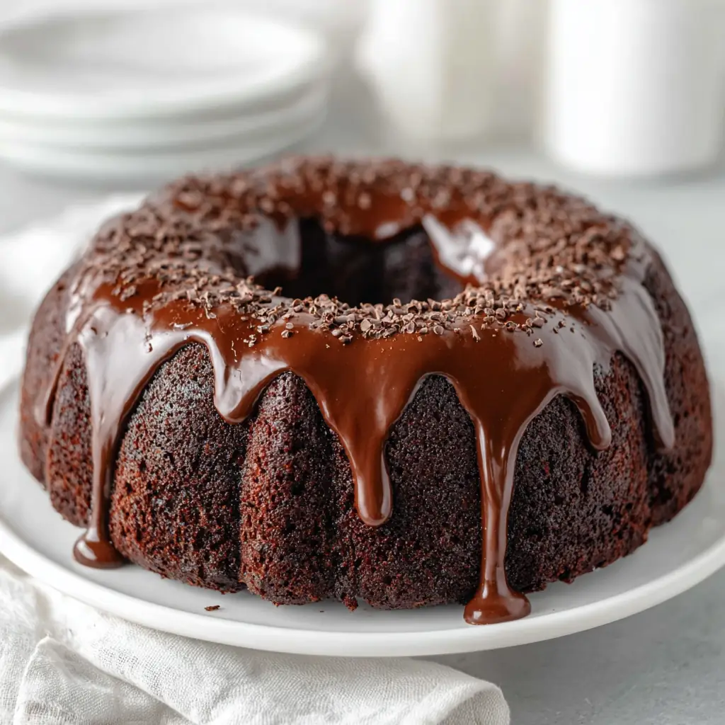 A delicious plate of Blackout Chocolate Bundt Cake with Chocolate Ganache Glaze