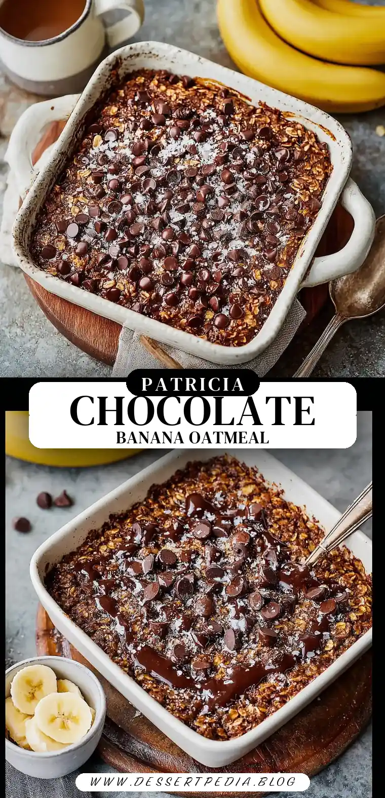 Pinterest pin (Design 3) for Chocolate Banana Baked Oatmeal