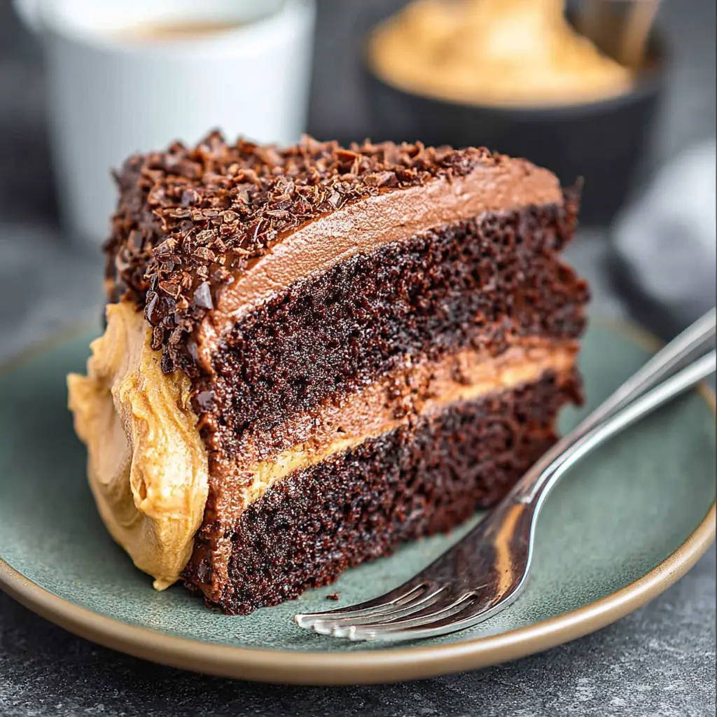 A delicious plate of Chocolate Cake with Chocolate Frosting
