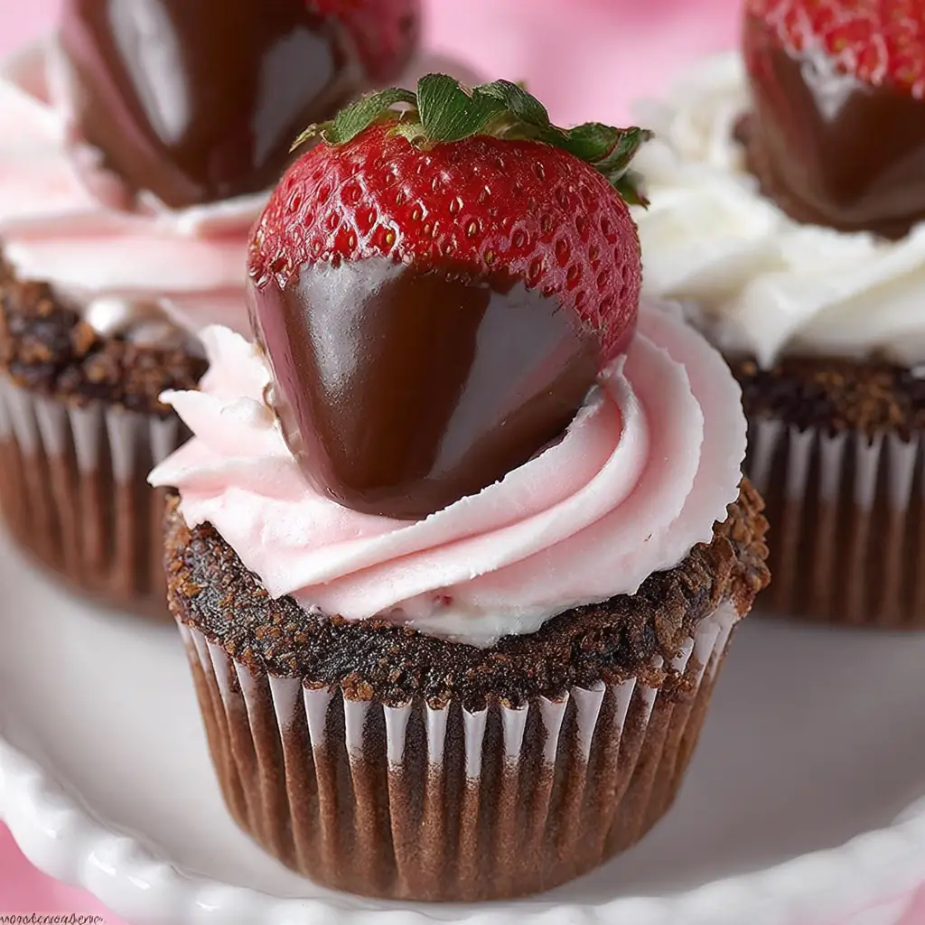 A delicious plate of Chocolate Covered Strawberry Cupcakes