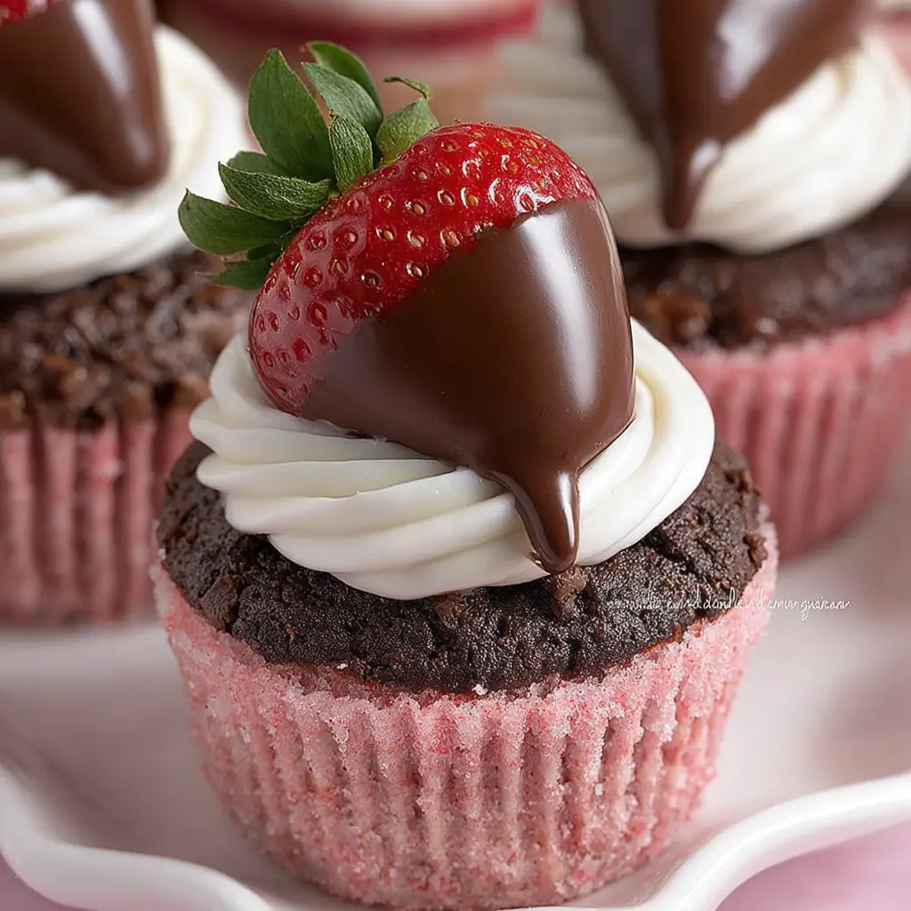 A delicious plate of Chocolate Covered Strawberry Cupcakes