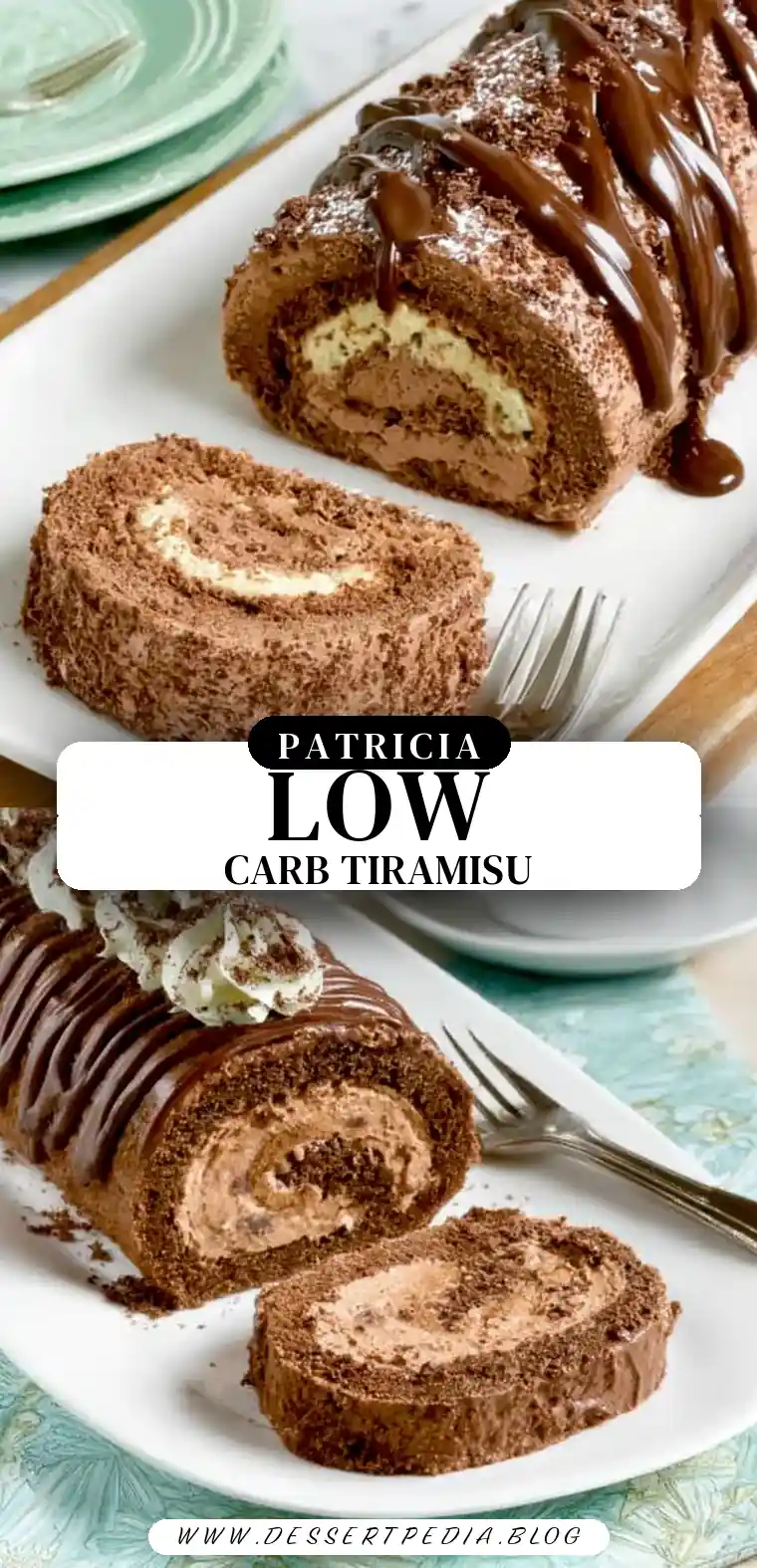 Pinterest pin (Design 3) for Low Carb Chocolate Tiramisu Cake Roll