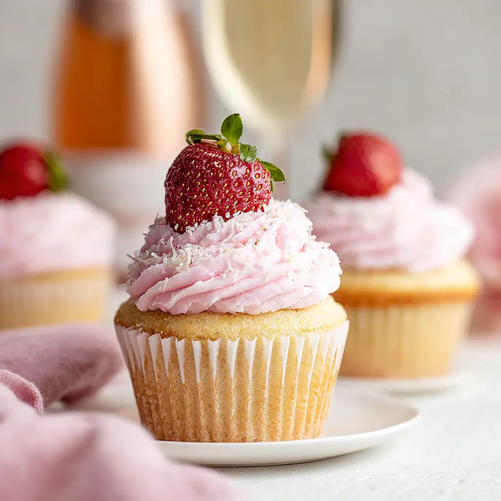 A delicious plate of Prosecco Cupcakes with Strawberry Buttercream Frosting