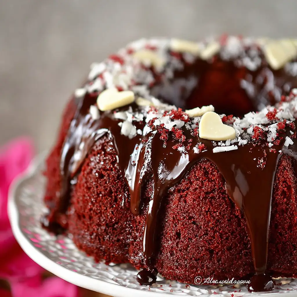 A delicious plate of Red Velvet Bundt Cake with Kahlua Ganache