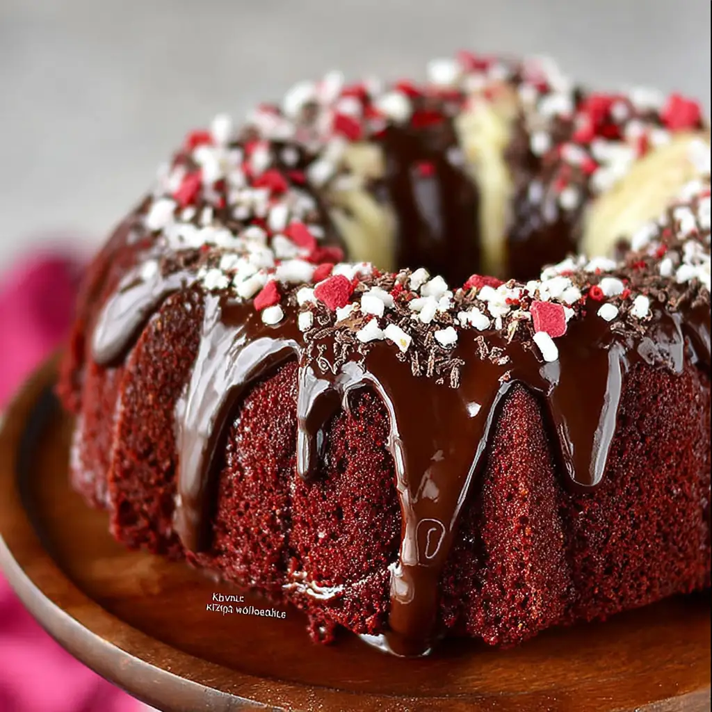 A delicious plate of Red Velvet Bundt Cake with Kahlua Ganache