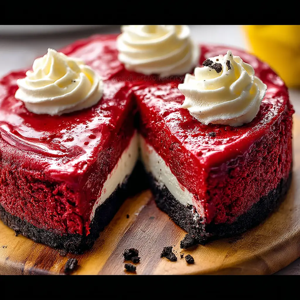 A delicious plate of Red Velvet Oreo Cheesecake